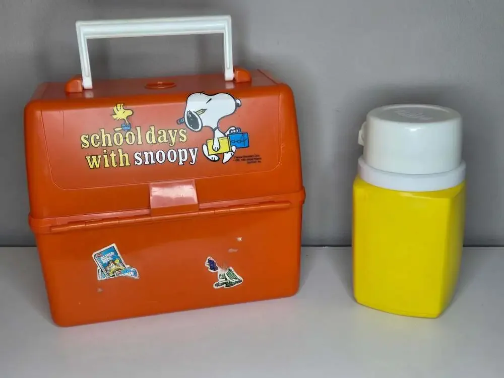Vintage 1965 Peanuts 'Lunchtime with Snoopy' Orange Plastic Lunch Box w/ Thermos